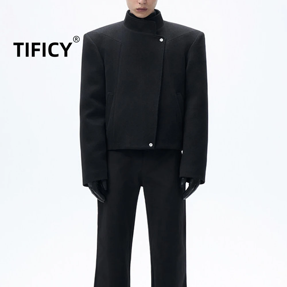 High Street Dark Black Padded Wool Jacket Men's Loose Black Short Thick and Warm Padded Jackets with Design Sense