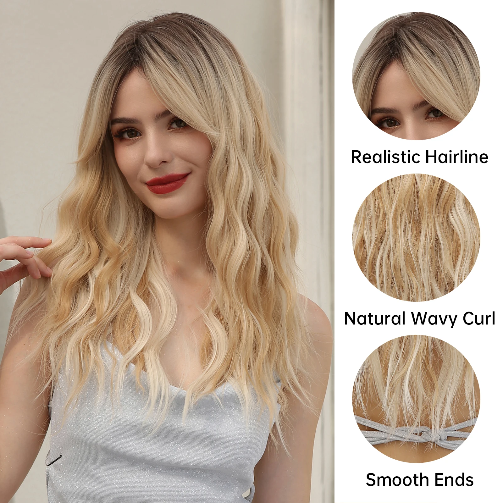 HAIRCUBE Długie faliste naturalne peruki dla kobiet Blond Ombre Kręcone peruki syntetyczne z grzywką i ciemnymi korzeniami Codzienne sztuczne peruki