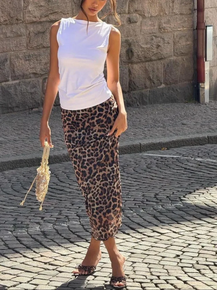 Women's Summer Mature Style Leopard Mesh Skirt High Waist Drape Mid-Length See-through Versatile Commuting Date Skirt for Women