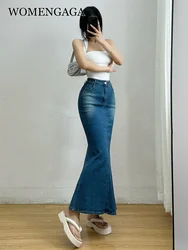 WOMENGAGA Spicy Girl Washed Denim Fishtail Half Skirt Women Summer High Waist Slim Split Slim Hip Long Skirt Fashion 2023 2Q1K