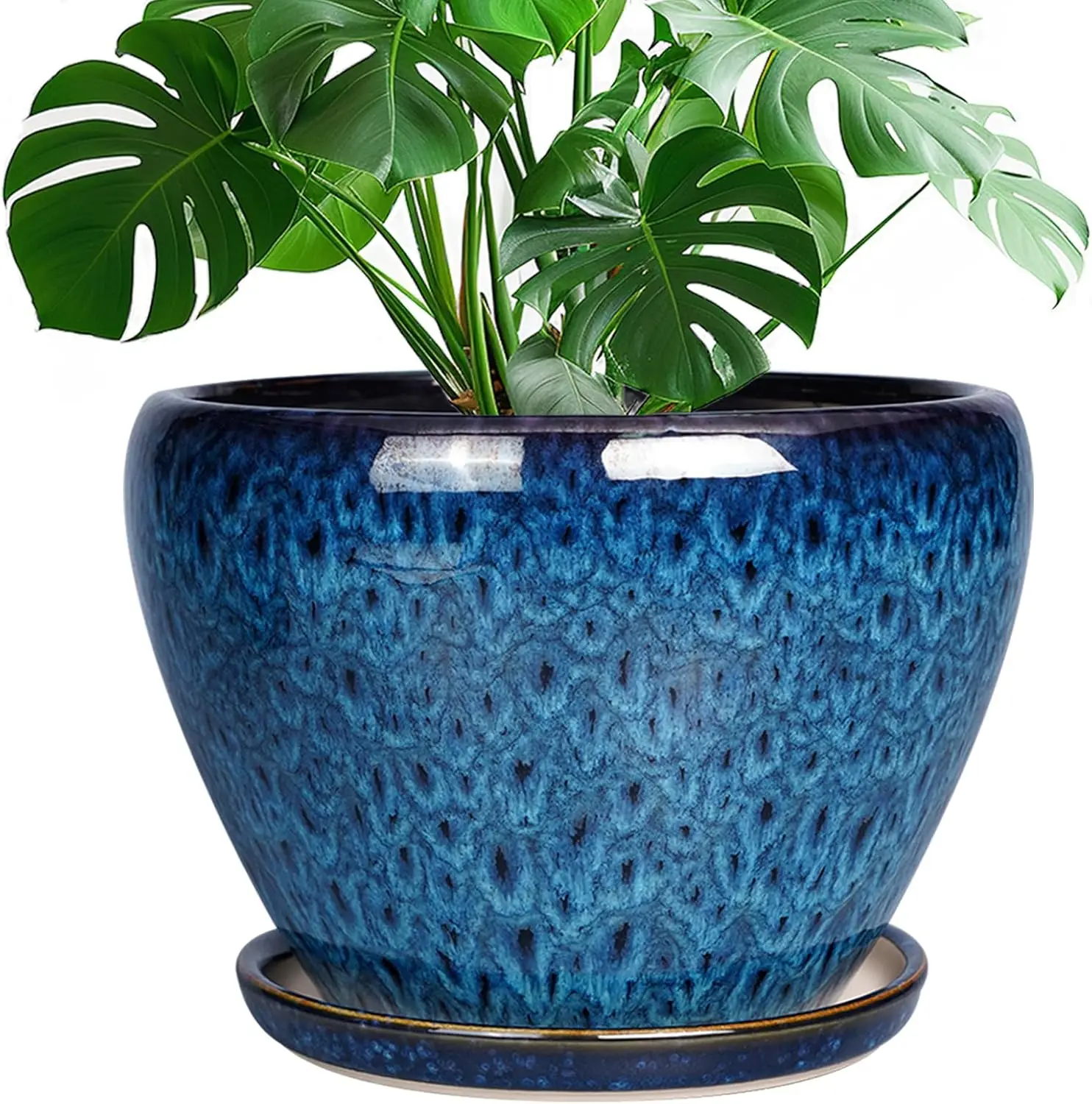 

10 Inch Ceramic Planter Pot with Drainage Hole and Saucer, Blue for Indoor Outdoor Plants