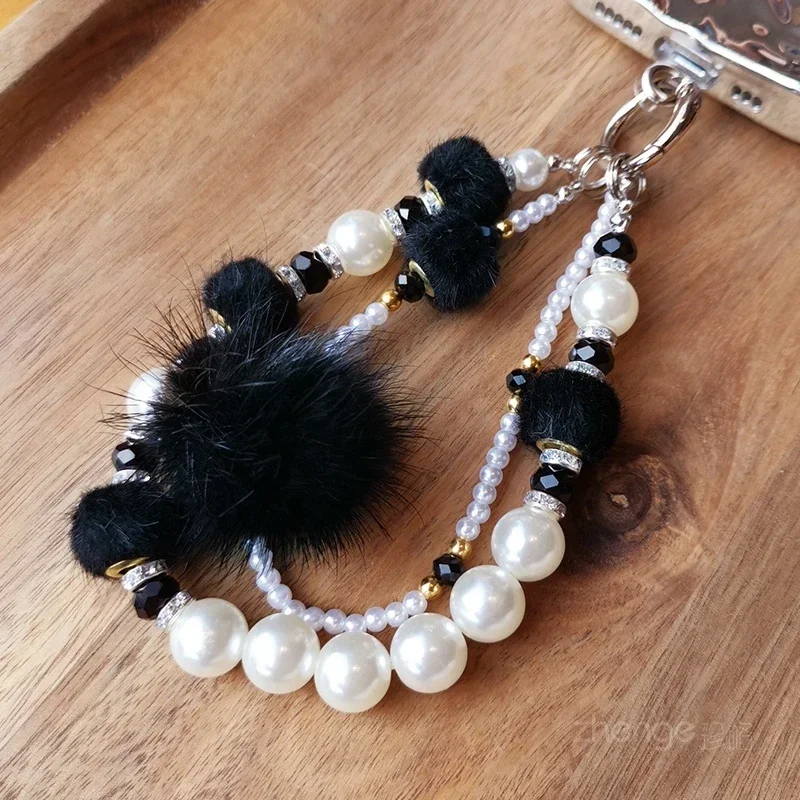 Mobile Phone Lanyard with Fur Ball Size Pearl Double Chain Lanyard Key Strap Gasket Style Phone Universal Short Wrist Lanyard