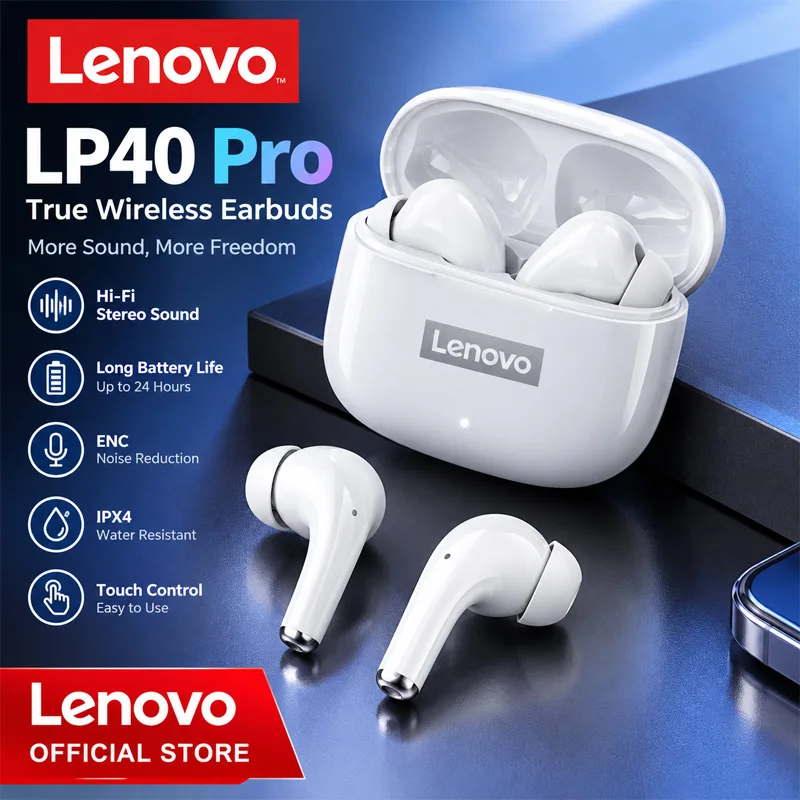 Lenovo LP40 Pro TWS Earphones Wireless Bluetooth 5.1 Sport Headphone Noise Reduction Headphones Silicone Earplugs Touch Control