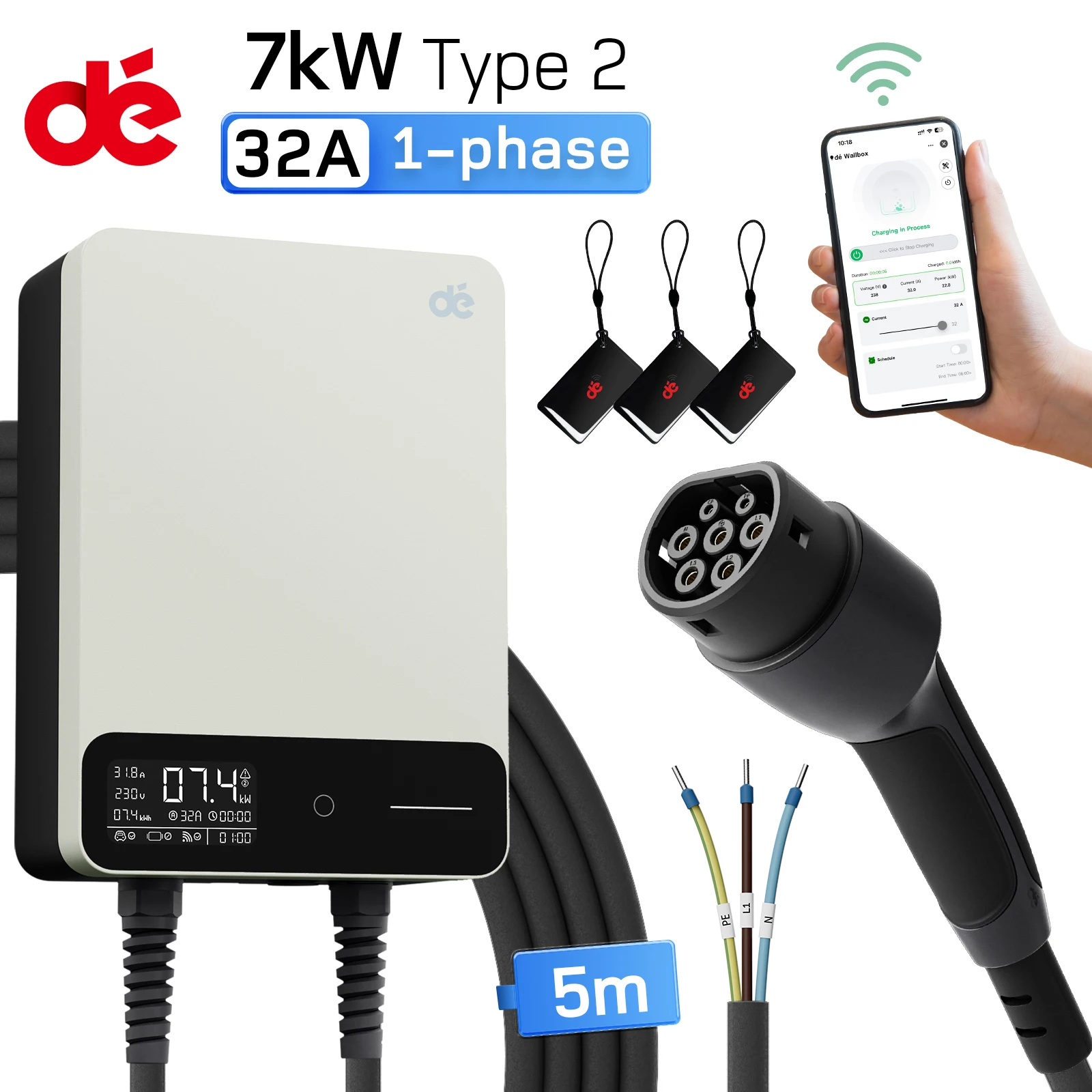 dé Wallbox 7kW avec APP 32A 1 phase Station de recharge domestique 5m/ 7.5m Type 2 câble de chargement chargeur EV avec compteur d'électricité blanc