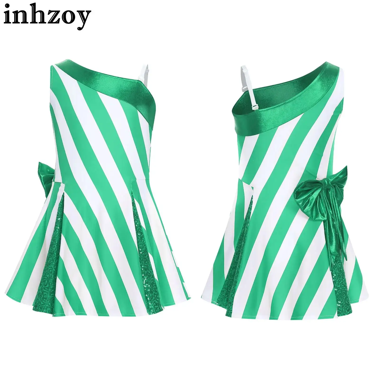 4-16Y الفتيات عيد الميلاد السنة الجديدة حفلة قصب الحلوى فستان مخطط مهرجان عيد الميلاد زي كتف واحد معدني القوس الترتر فساتين #1