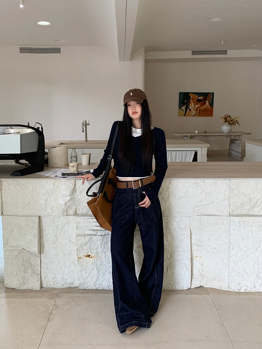 بنطلون جينز واسع الساق بخصر مرتفع للنساء، أسلوب الشارع الأمريكي العصري، إصدار جديد للخريف، قصة مستقيمة