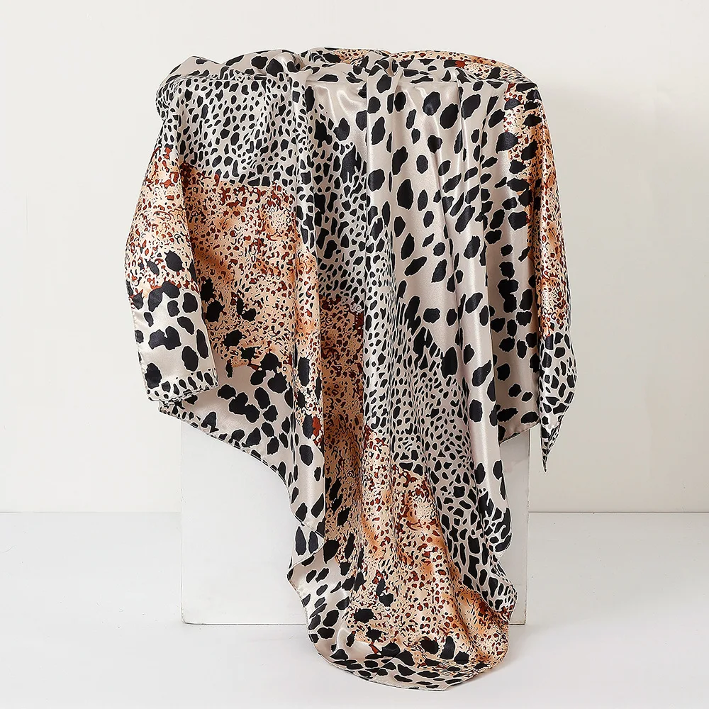 Leopard Print Square Silk Imitation Scarfs Hair Women Elegant Hijab Scarves Foulard Soft Satin Shawl Kerchief Headband 90X90cm