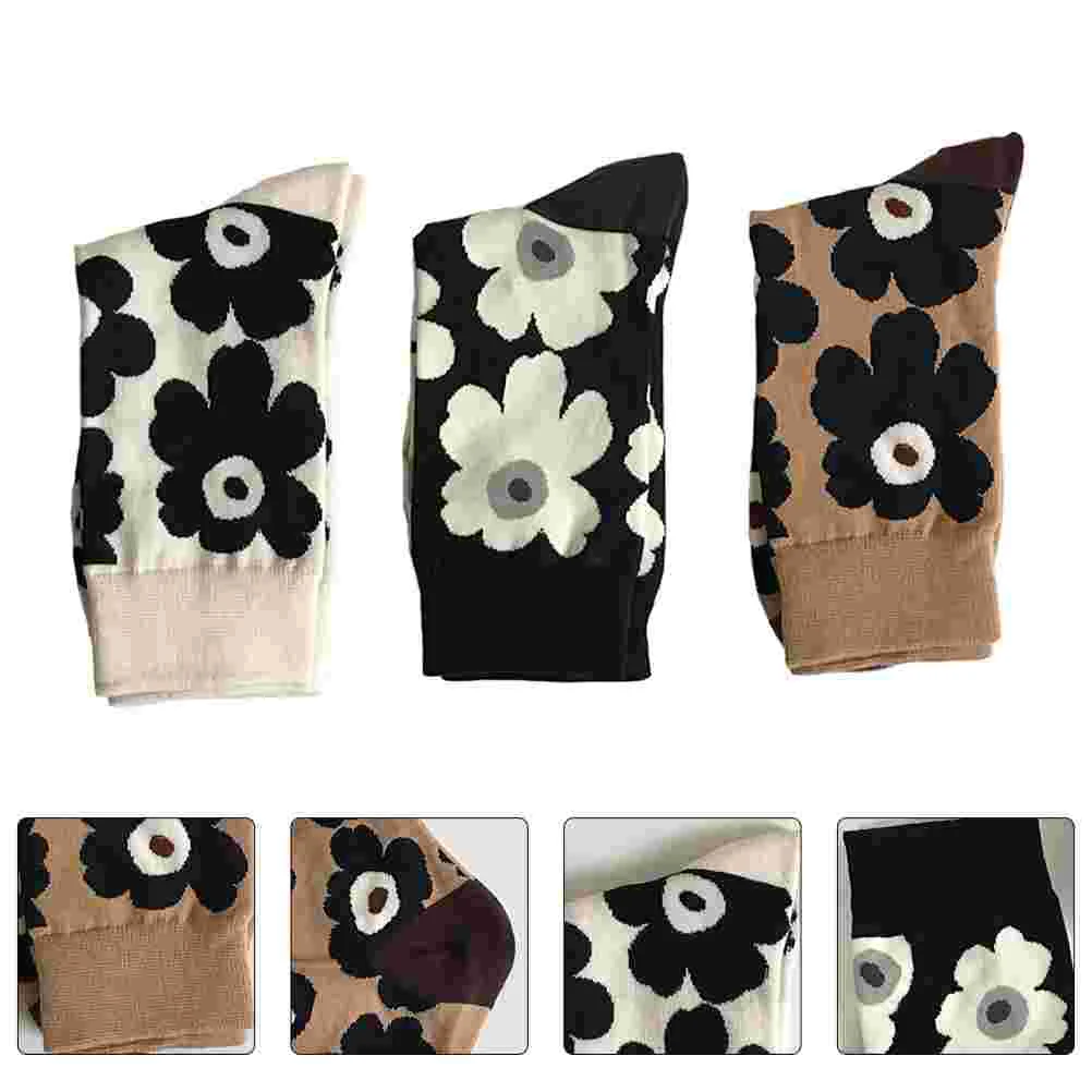 

3 Pairs Black Stockings for Women Girl Vintage Flower Socks Girls White Cotton Mid-calf Length Fancy