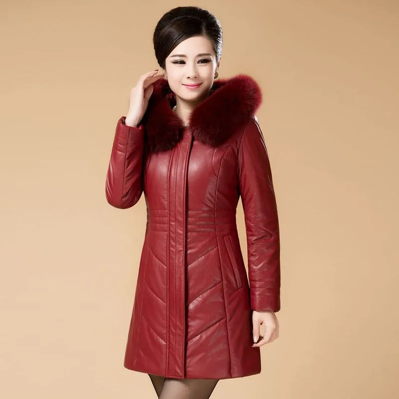 2023 Middle Aged Elderly Fur Clothing Down Jacket Women Mid Length Extra Fat Thick Coat Oversized Fur Collar Leather Overcoat