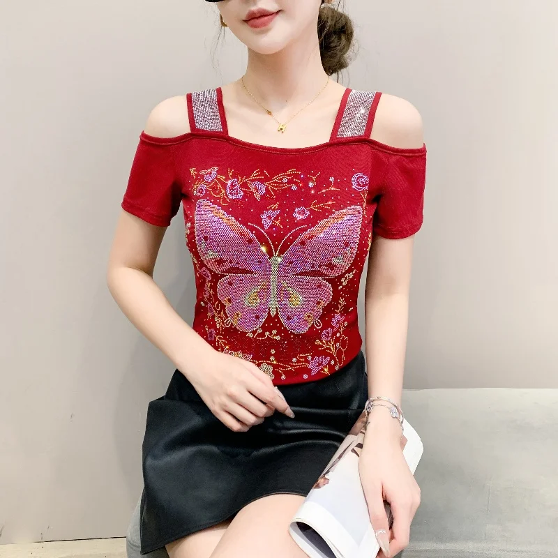 

Новая европейская одежда, сексуальная женская футболка с открытыми плечами, модные сетчатые футболки с бриллиантами, летний элегантный женский топ с короткими рукавами