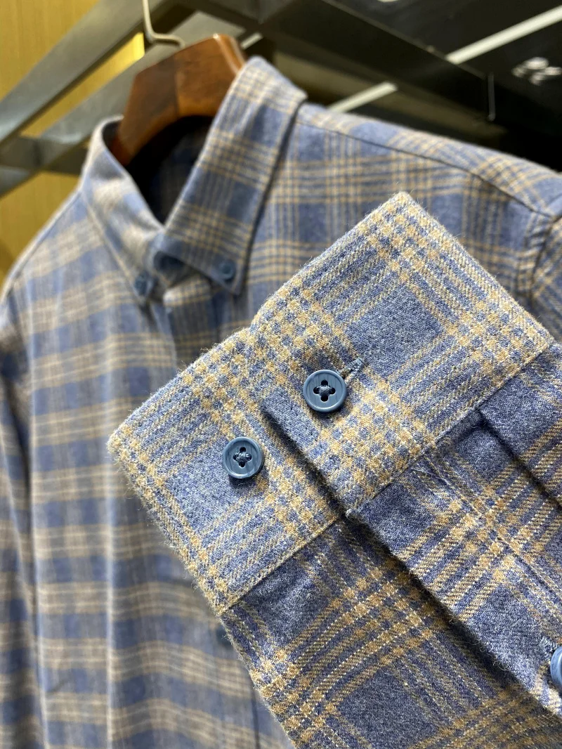 ウェイドコットンチェック柄メンズ快適通気性カジュアルロングスリーブ秋冬新作スタンドフィットボタンアップ