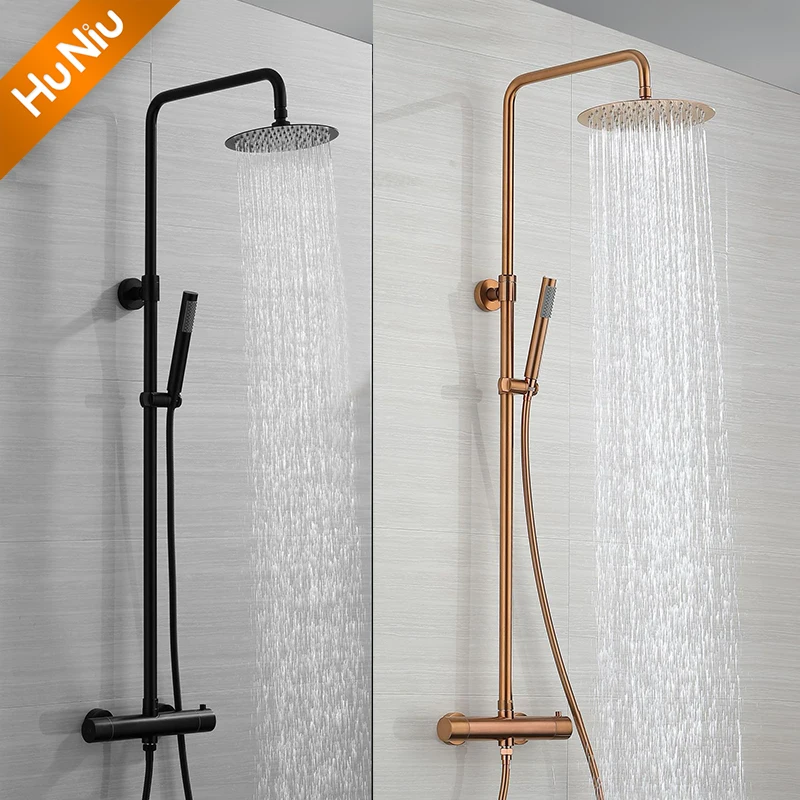HuNiu Thermostatic Shower System Set Stainless Steel Bathroom Shower Set Bath Shower Faucet Set Rainfall Shower Set Brushed Gold