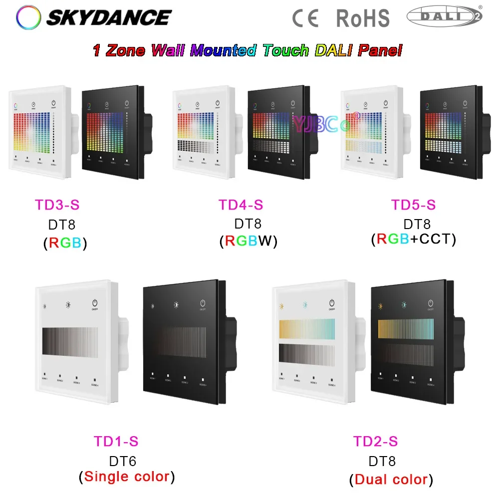 Skydance glass 86 sty Touch Panel DT6 dimming DT8 Dual color/RGB/RGBW/RGB+CCT led strip dimmer switch 24VDC DALI bus controller