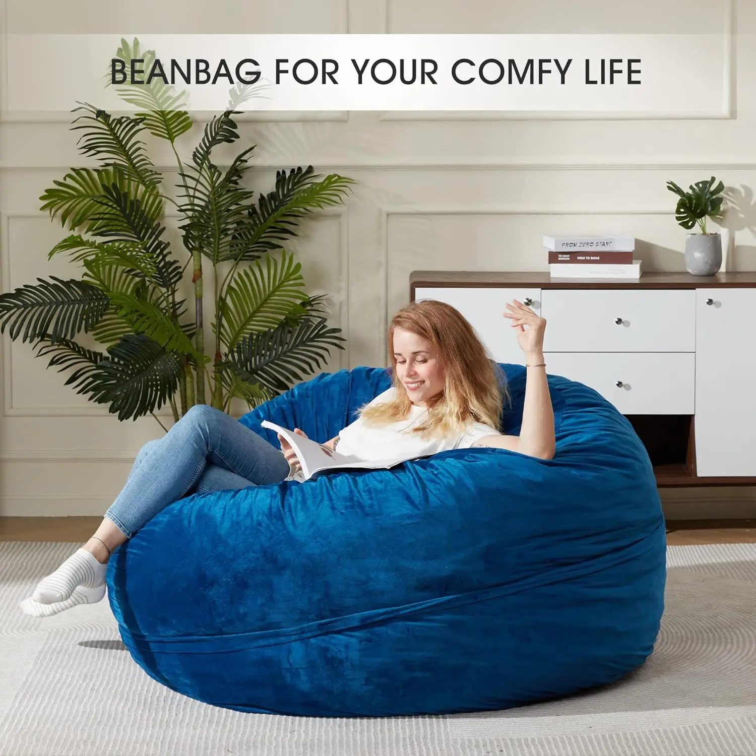 Silla tipo Bean Bag para adultos, mueble gigante de espuma viscoelástica con cubierta de microfibra, color azul, 5 pies