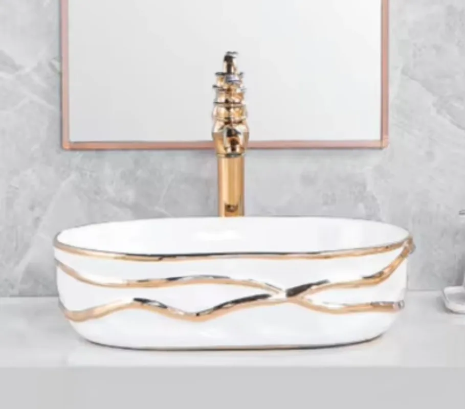 Oval countertop electroplated multi-color ceramic luxury design handmade wash basin