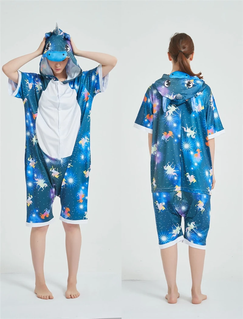 Short Sleeve Cartoon Jumpsuit Adult Children One-Piece Pajamas Sleepwear Summer Onesies Halloween Cosplay Costumes Loungewear