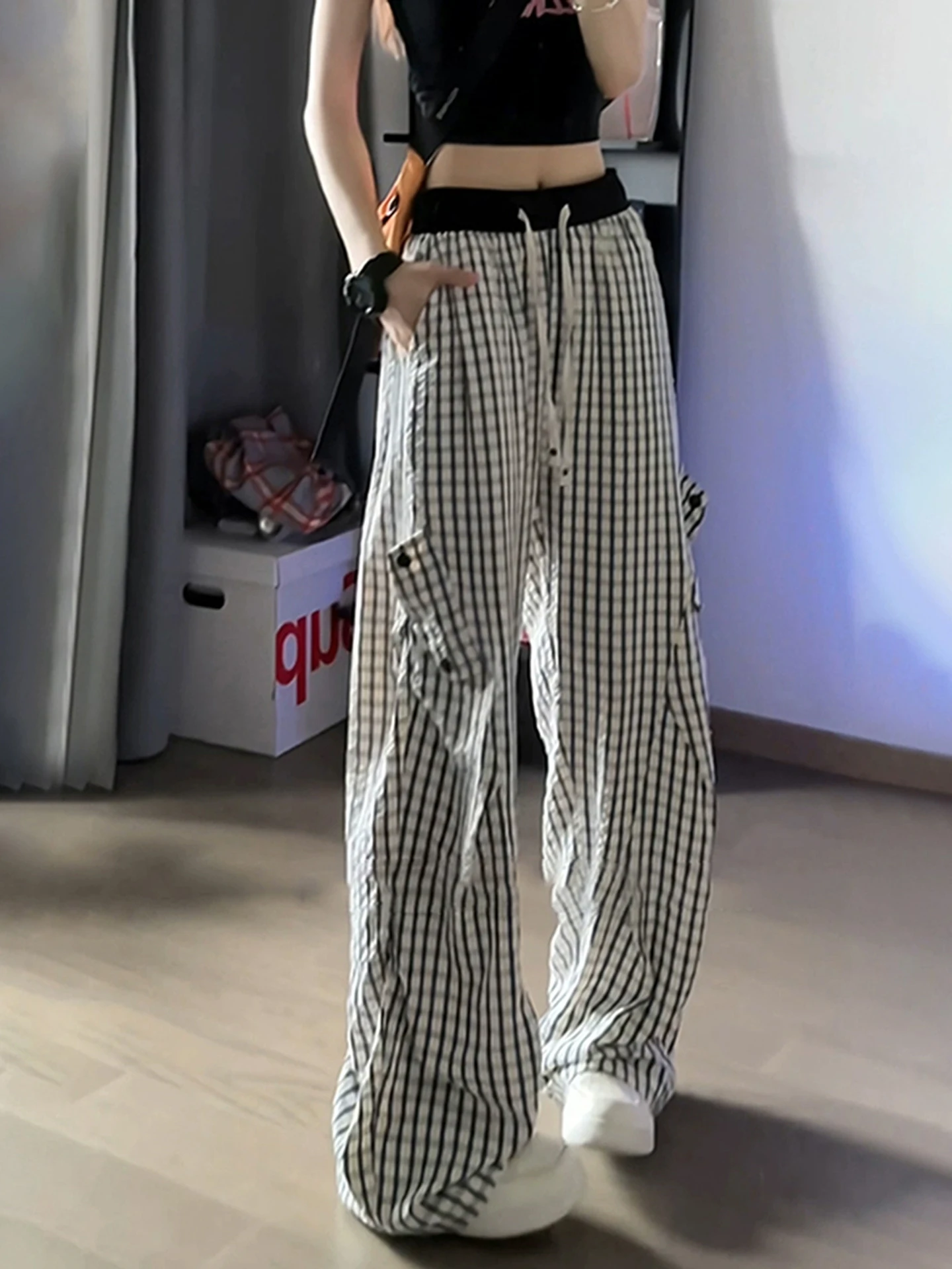 

American Sle Men's Pleated Ice Silk Plaid Pants Loose Drape Qui Dry Cleanfit Micro Flared Workwear Paratrooper Trousers