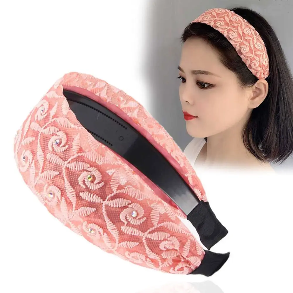 Elegante cristal feminino argola de cabelo lado largo bordado mãe argola de cabelo malha antiderrapante renda bandana feminino hairbands