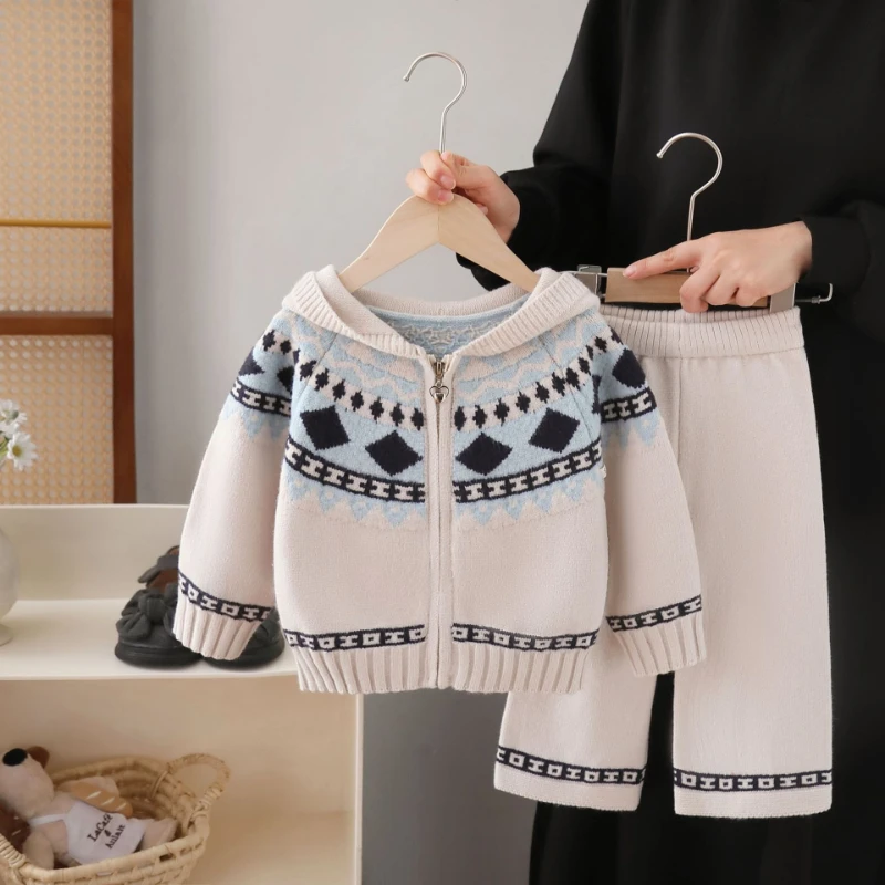 2026 Winter Hot Selling New Christmas Style New Year Fleece-lined Hooded Zipper Cardigan Sweater and Same Color Knitted Pants