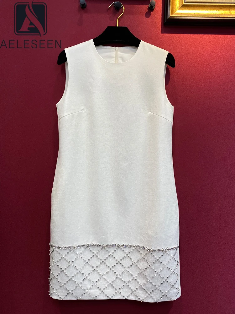 

AELESEEN Elegant Sleeveless White Sheath Dress with Sparkling Diamonds Beading Hem Pink Black White Casual MIni Vacation