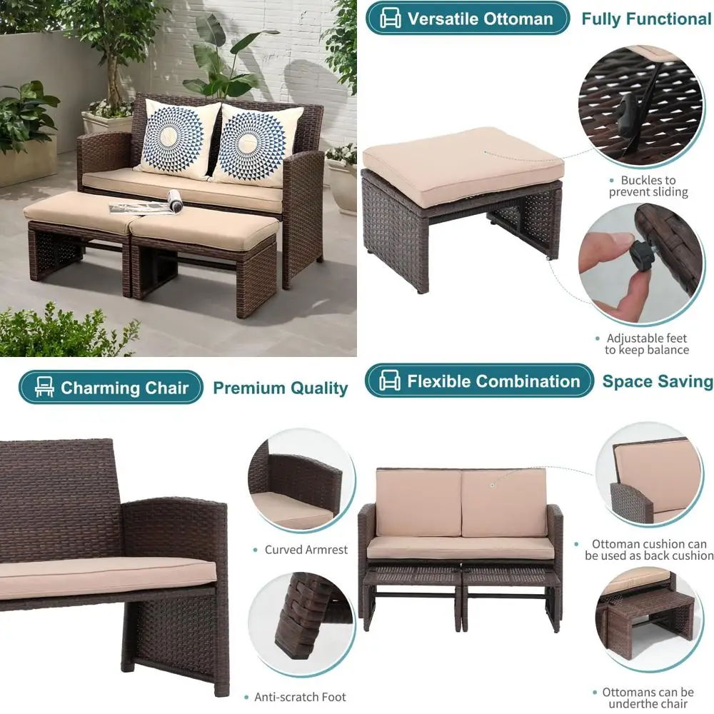 3 Piece Outdoor Furniture Set: All-Weather Wicker Loveseat and Ottoman for Casual Conversations