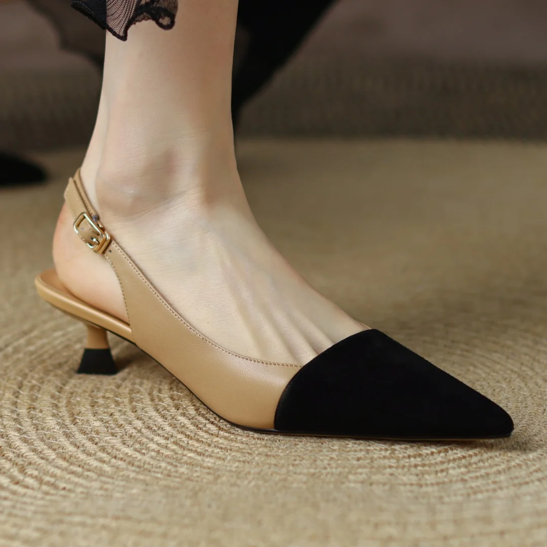 plus size 34-42 women's genuine leather slingback slip-on kitten heel pumps pointed toe elegant ladies slim daily dress heels sh
