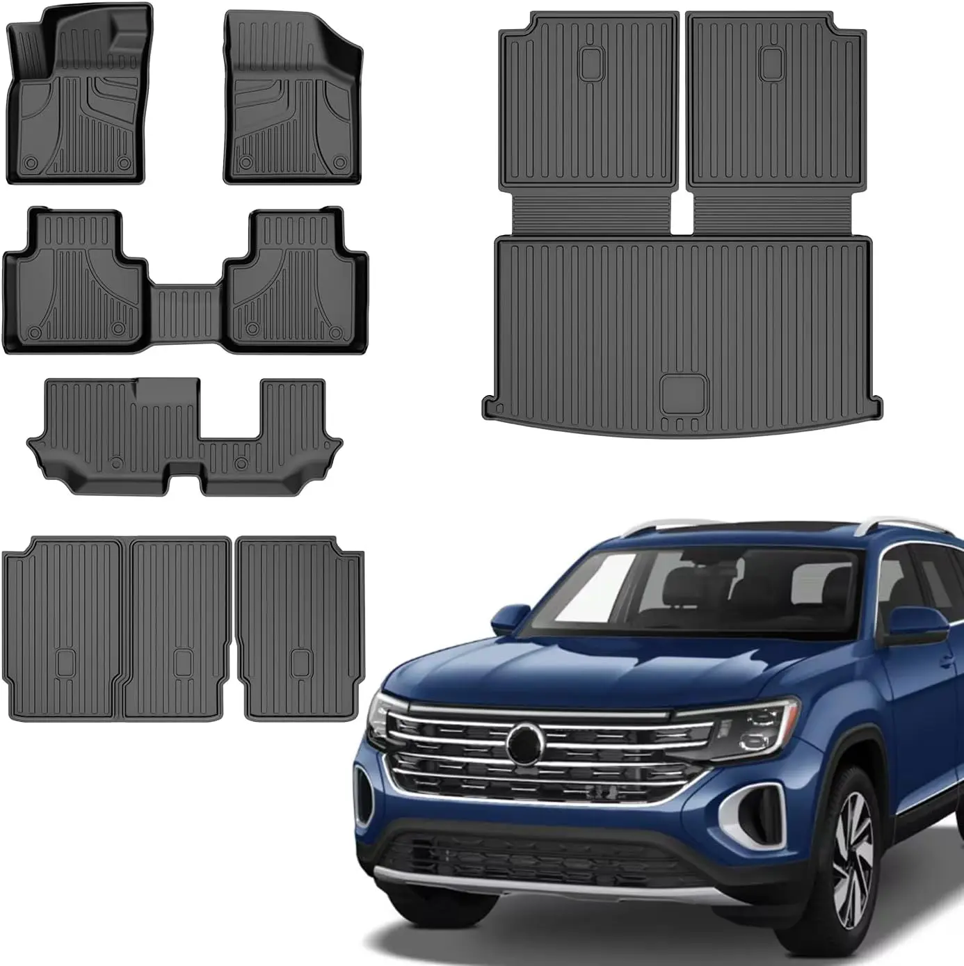 All Weather Floor Mats for 2018 - 2026 Volkswagen Atlas (7 Seats, Non - Cross Sport), TPE Material, with Backrest & Cargo Liner