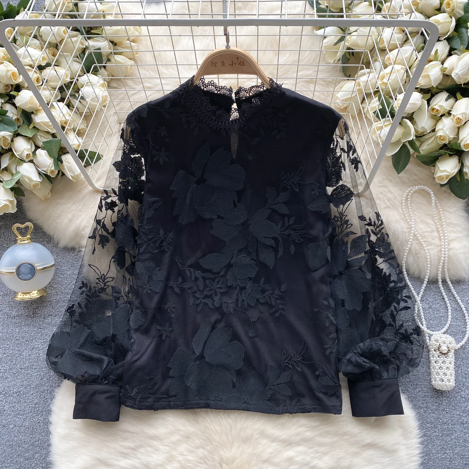 Blusa elegante de manga larga abombada con cuello levantado Vintage de encaje elegante transparente Top suelto bordado básico High Street primavera otoño