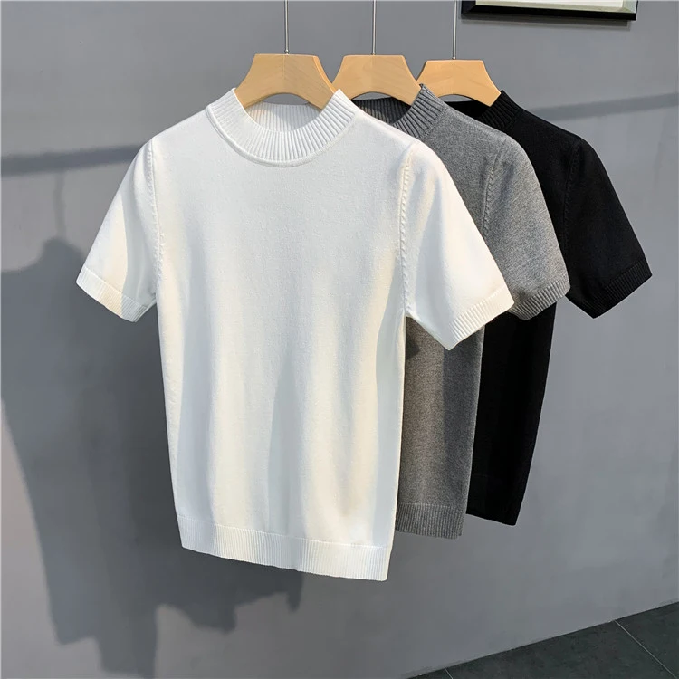 

Летняя мужская трикотажная футболка с высоким воротником и коротким рукавом в американском стиле, повседневная молодежная модная модель с круглым вырезом, цветная