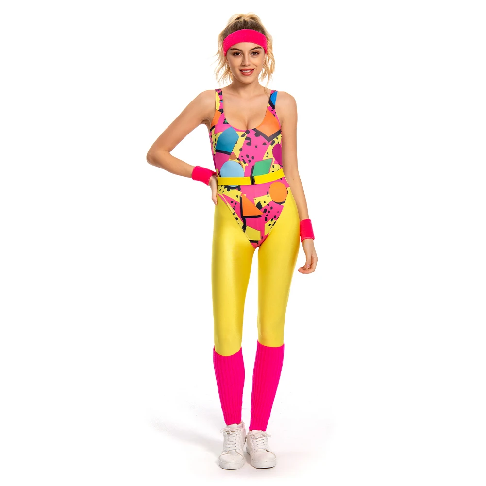 6Pcs/Set Women Retro 80s 90s Legging Cosplay Costume Women Sportwear Jumpsuit Headband Outfits Halloween Carnival Party Clothes