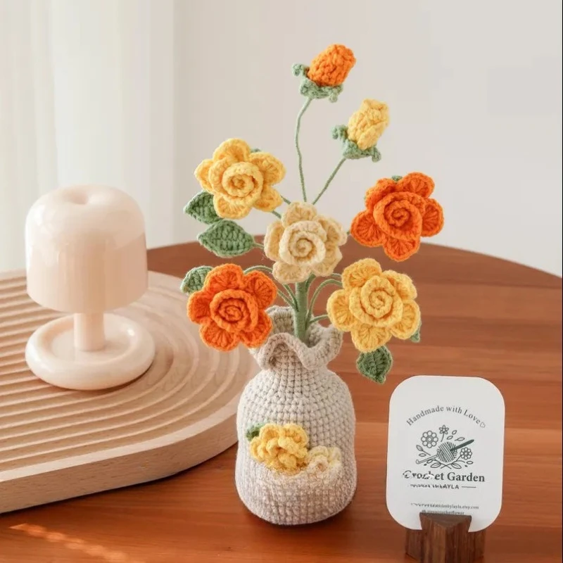 Creative Hand-crocheted 5-head Roses Chefeier Imitation Flower Desktop Decoration Creative Gift Finished Product Home Decoration