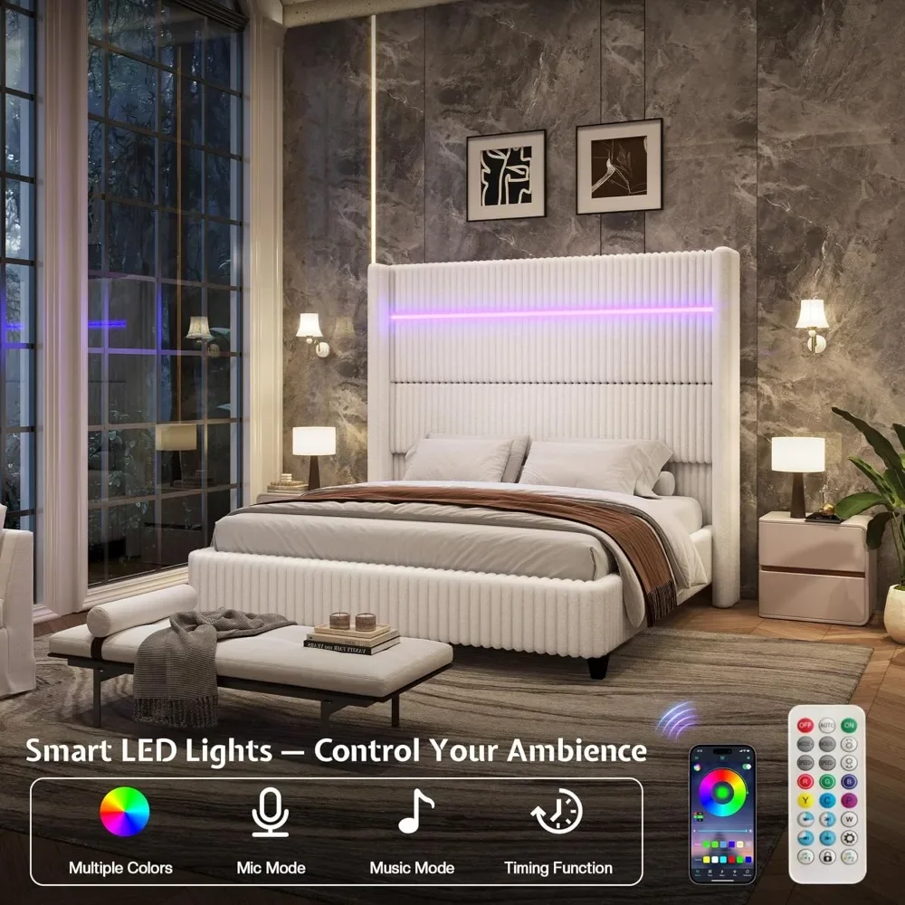 Bed Frame Queen Size Faux-Fur Upholstered Bed 60" Tall Wingback Headboard with LED Lights/Charging Station/No Box, Customized