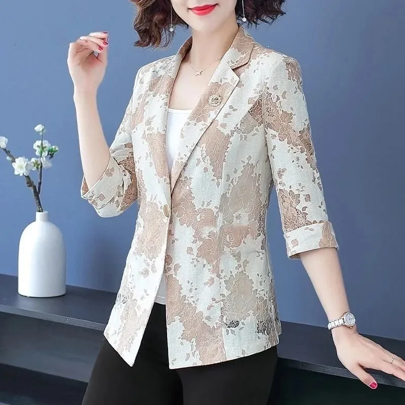 Women's Lace Floral Blazer 3/4 Sleeve Elegant Casual Lightweight Suit Jacket For Middle Aged