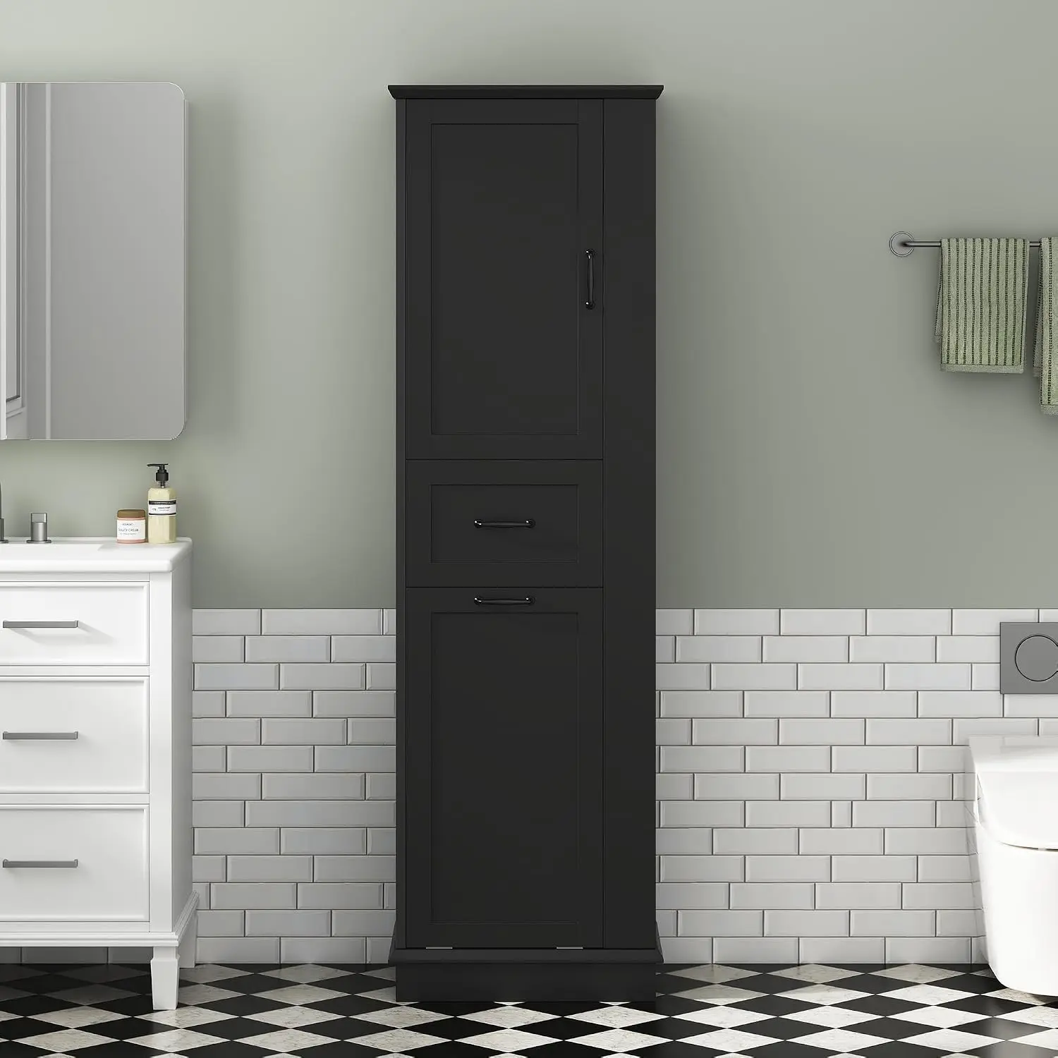 Bathroom Storage Cabinet with Door Drawer & Laundry Hamper, Adjustable Shelf, Left/Right Orientation, Black, Customized