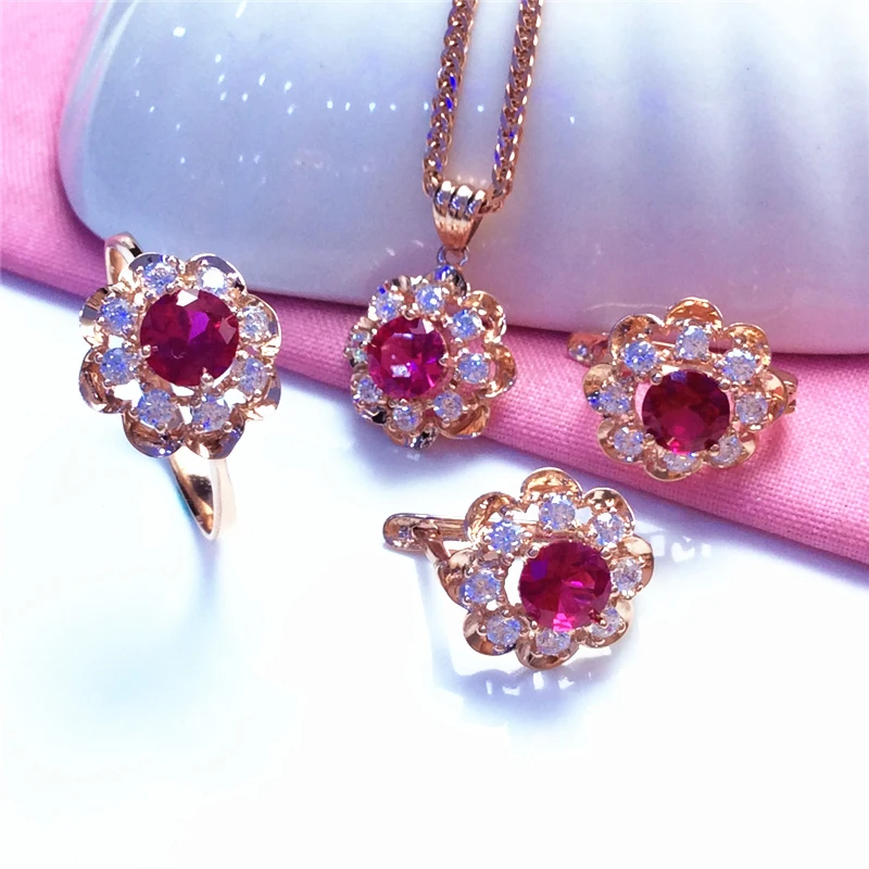 

Crystal luxury flower jewelry set 585 purple gold necklaces 14K rose gold rings for women engagement wedding party gift