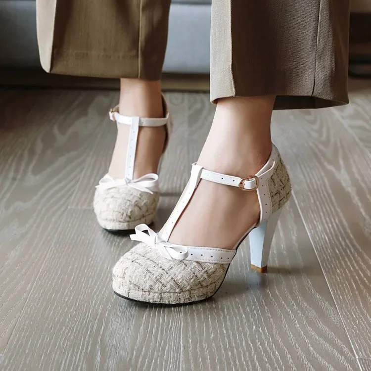 Fashion Spike Heel Women Pumps T-strap Round Toe Platform Shoes Female Buckle Strap Bowknot Party Pumps For Girlfriends