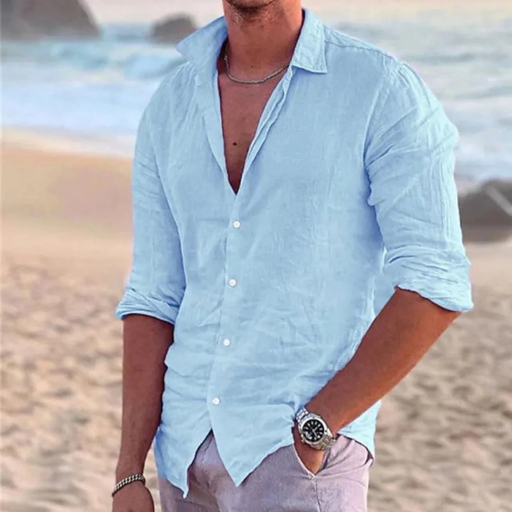 

FEGKZLI Men Cotton Linen Shirt Casual Beach Vacation Long Sleeve Shirts