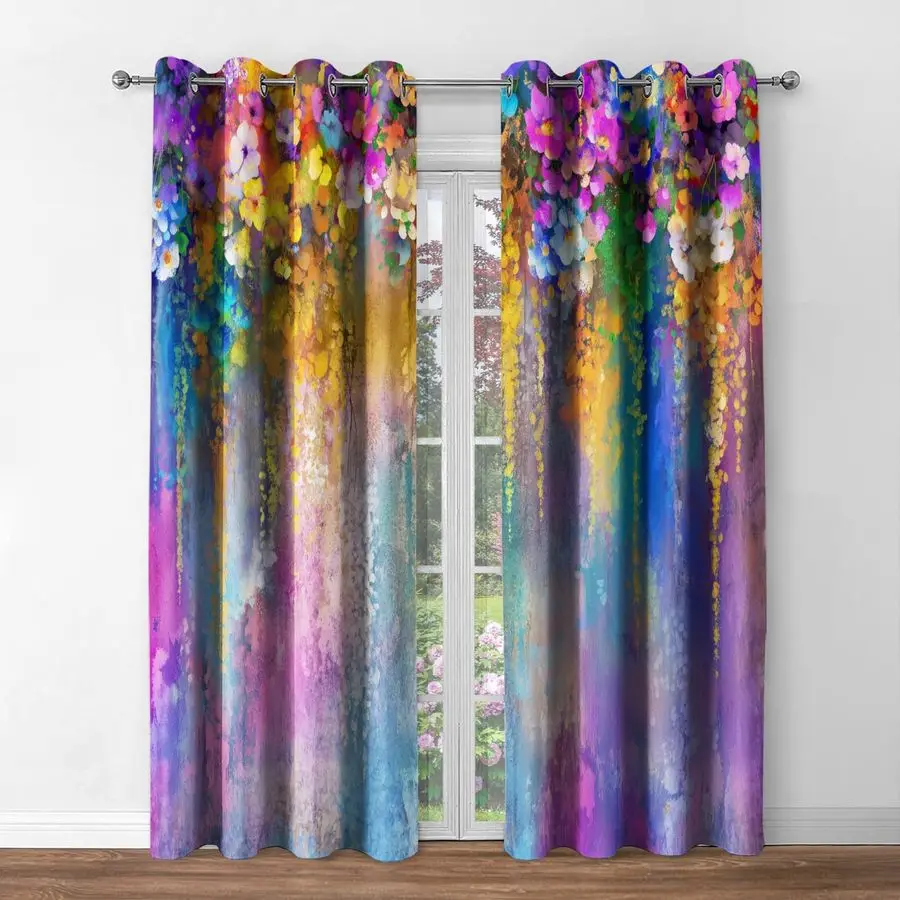 Cortinas Opacas Florales con Flores Púrpuras, Decoración Floral para el Hogar, Dormitorio, Sala de Estar, Cortinas Oscurecedoras Coloridas con Ojales para Ventanas