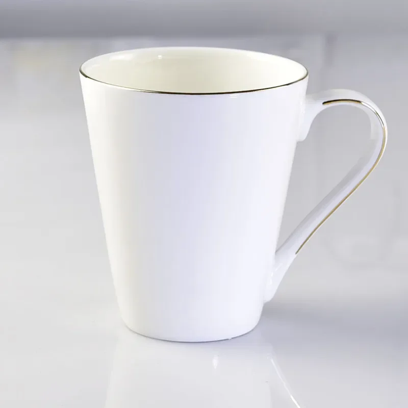 Pure White Brief Ceramic Mug, Bone China, Household Office Coffee Milk Cup with Gold Rim Mark, Drinkware Gift, Porcelain