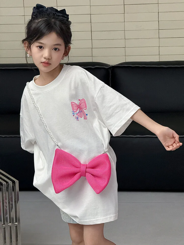 Birthday Princess Clothing Children Dresses Clothes 2025 Girls Big Bow Long T Shirts+pink Bow 2pcs Set  Kids Fashion Casual Tees