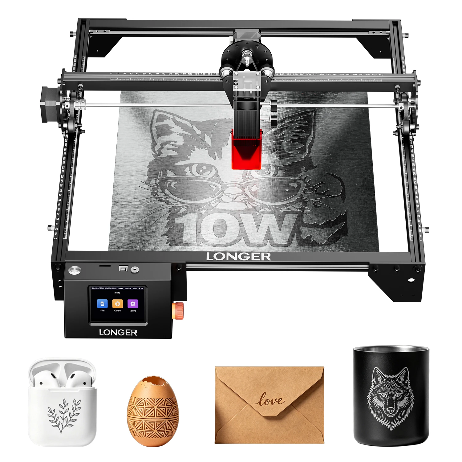 Graveur et découpeur laser LONGER RAY5 10W avec écran tactile, gravure hors ligne, chipset 32 bits, point laser de 0,06×0,06 mm, zone de travail de 400×400 mm pour le bois, l'acrylique, le cuir et le métal, pour cadeaux personnalisés, décorations de mariage, gravure sur bois, loisirs créatifs