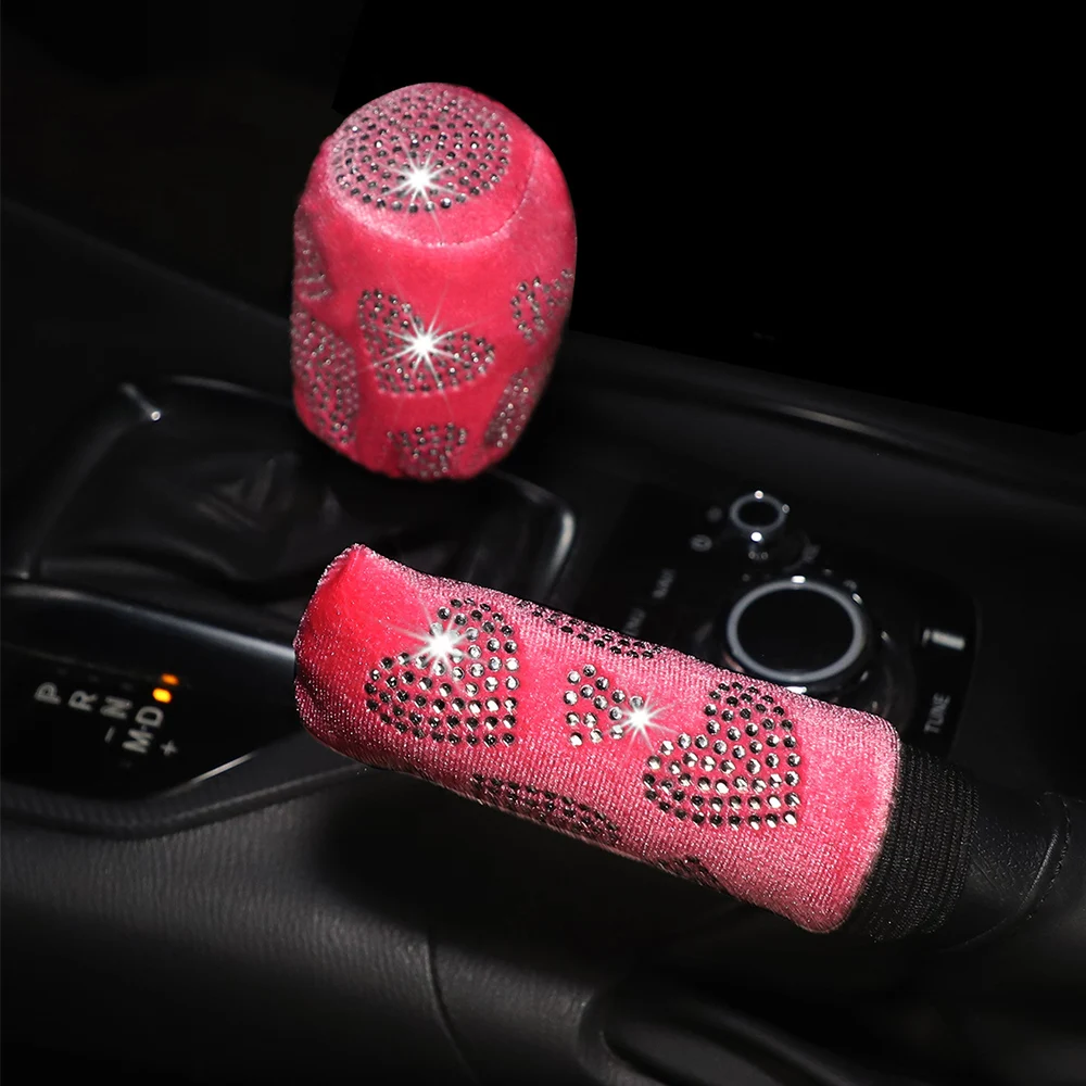 2-piece Set with Artificial Diamond Heart BlingBling Car Handbrake Set Handle Set Manual Gear General Automotive Supplies