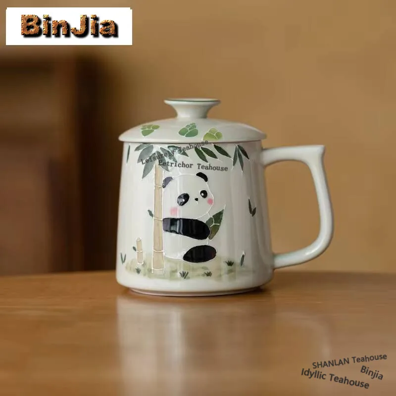 400ml Plant Ash Handmade Teacup Household Hand-painted Panda Mug Boutique Coffee Cup Mug with Lid Tea Soaking Collection Crafts