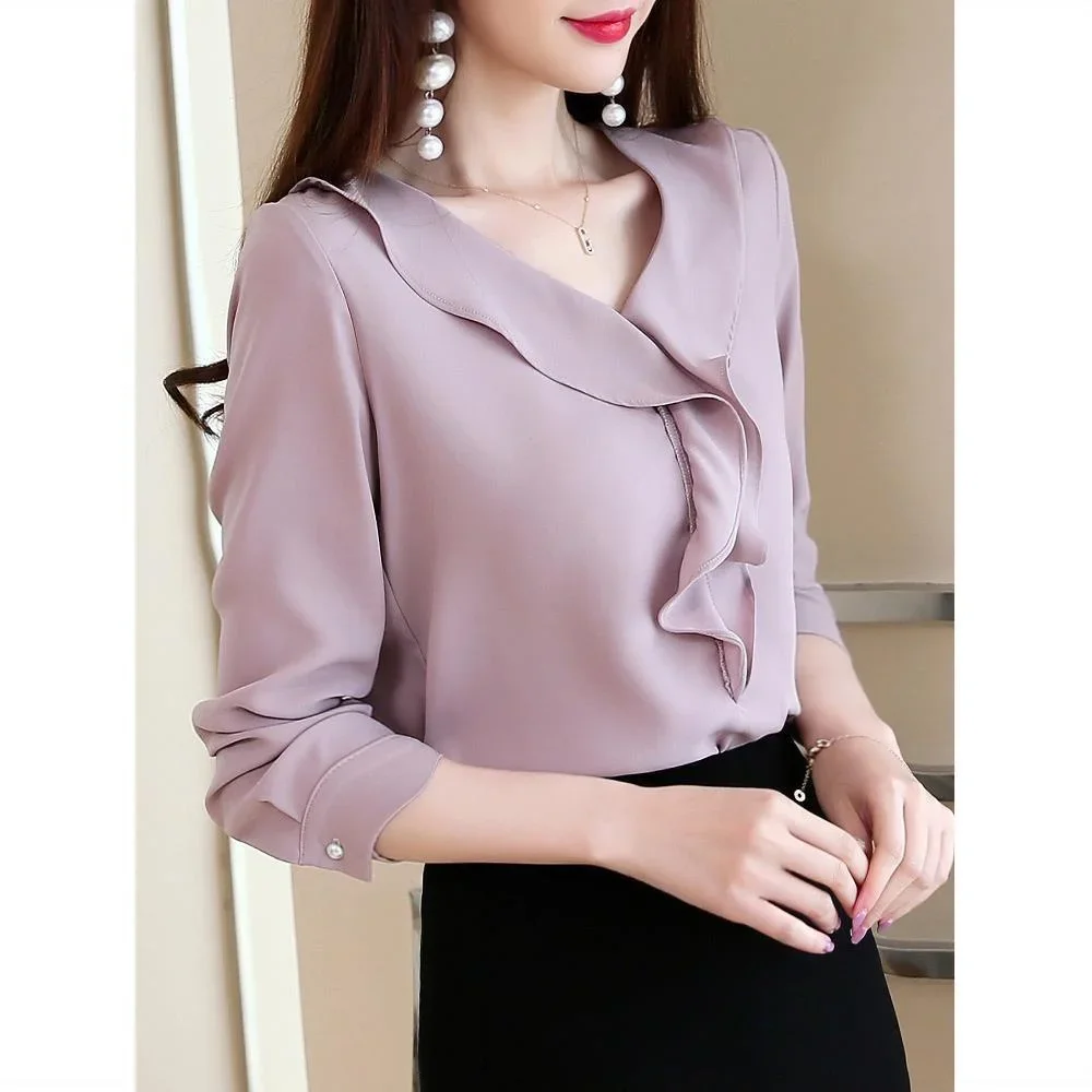 

Women's Spring Fashion Simple Solid Color V-neck Long Sleeve Shirts Elegant Women Clothes Casual All-match Vintage Ladies Tops