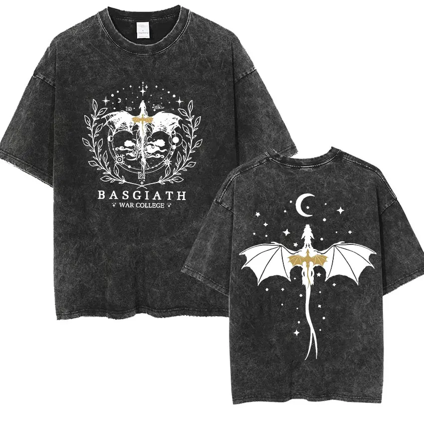 Basgiath War College Double Sided T Shirt Fourth Wing Dragon Rider Vintage Washed T-shirts Men Women Aesthetic Oversized T-shirt