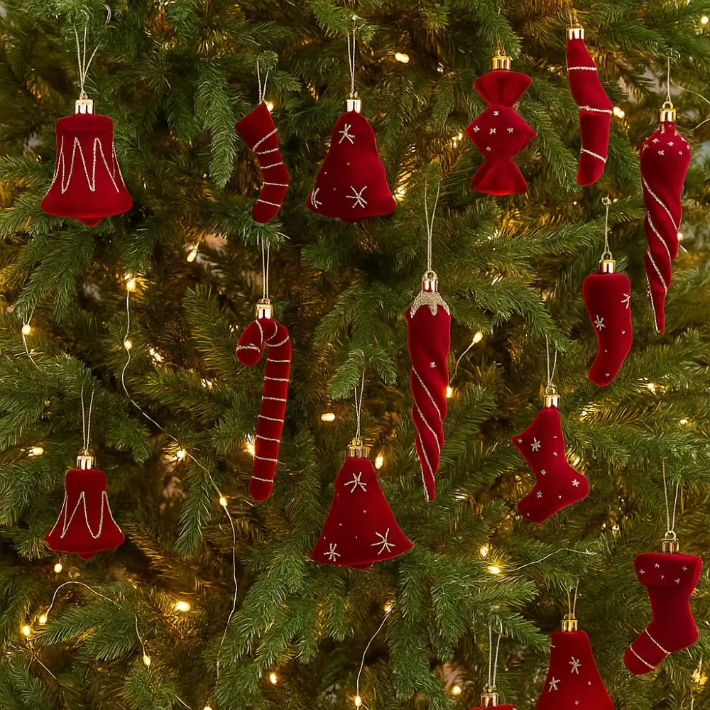 

2pcs Red Christmas Tree Pendants Flocked Lollipop Velvet Candy Cane Ornaments Bow Bell Candy Cane Pendants Home Decoration