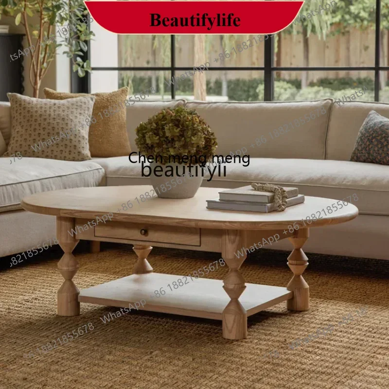 

D178 Y Solid Wood Coffee Table Storage Living Room Balcony Small Apartment Modern Household Minimalist Oval Creative