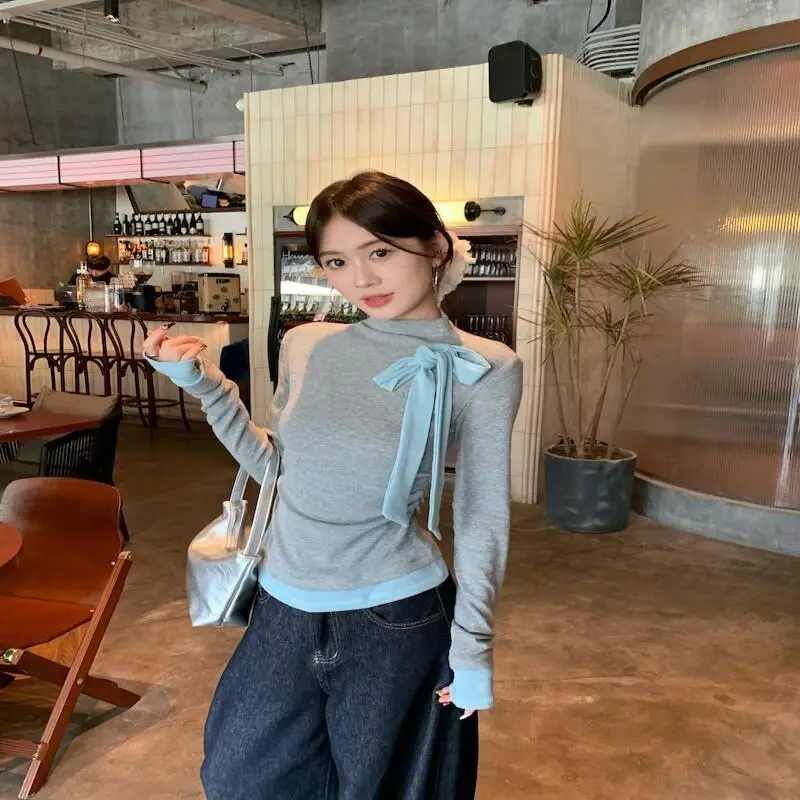 

Pullover Fake Two Piece Long Sleeve T Shirt Women Autumn Bow Lacing Contrast Color Slim Fit Base Shirt Temperament Short Style