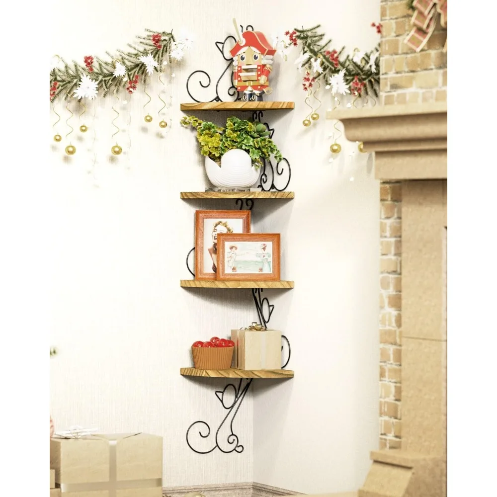 4-Tier Cat-Shaped Floating Corner Shelves, Rustic Wood Storage for Home Decor, Easy Install