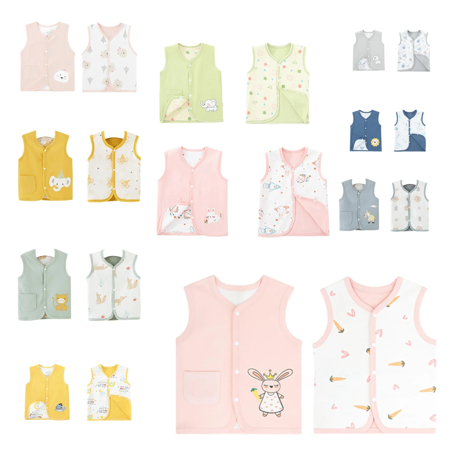 Baby Spring Autumn Cotton Double-Sided Vest Sleeveless Press Buttoned Animal Pattern Printed Waistcoat Children Daily Outerwear